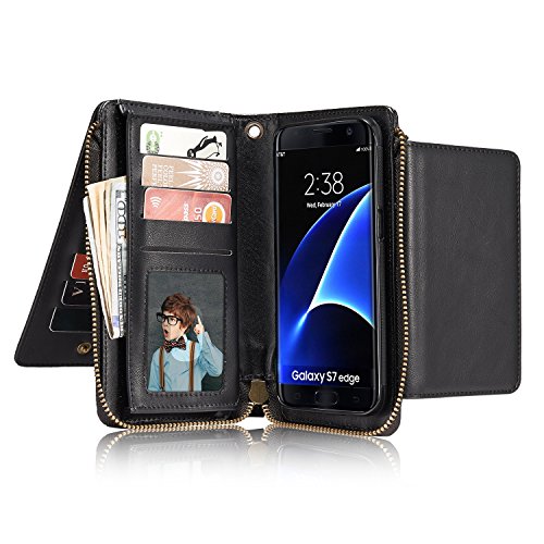 Galaxy S7 Edge Hülle, Lively Life PU Leder Wallet Hülle Multifunktions Reißverschluss Schutzhülle Flip Case Cover mit Kartenfächer Card Slot Geldbörse Geldbeutel Schutz Tasche für Samsung Galaxy S7 Edge- Schwarz
