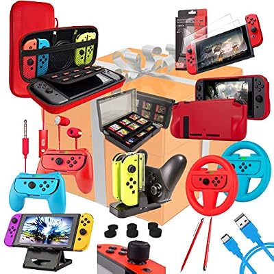 Orzly Geek Accessoires Pack pour Nintendo Switch: Housse & Protection écran, Volants & Grips Joy-Con, Dock Chargeur pour Les manettes & Console Switch, et Plus d' Accessoires. [COLORÉ]