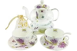 ufengke 6-częściowy europejski kwiatowy zestaw do herbaty, lawendowy wzór porcelany kostnej zestaw do herbaty serwis zestaw do kawy, podgrzewany szklany czajniczek, na prezent i gospodarstwo domowe,