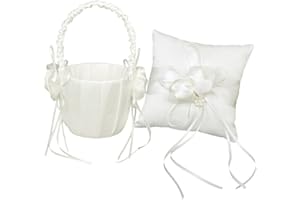 FOXCUP freneci Boda Marfil Satén Perla Cuentas Anillo Almohada Almohada Cojín & Cesta de Flores