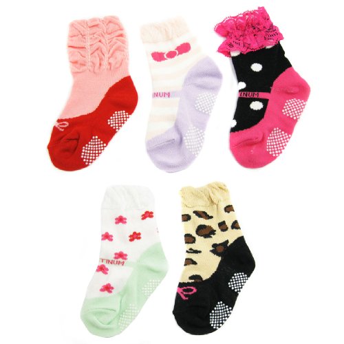 KF Baby Non-Skid Baby Girl Ruffle Lace Shoe Socks,5 pairs, Infants to Toddlers