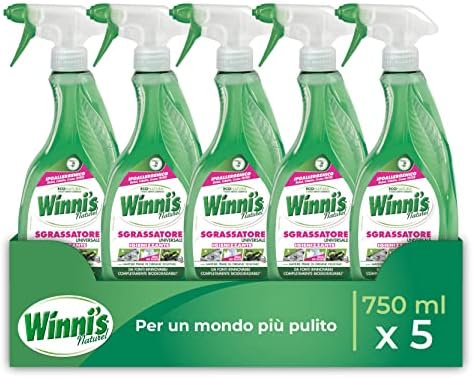 Winni's - Sgrassatore Spray Universale Multisuperficie Ipoallergenico, Azione Sgrassante e Pretrattante Contro le Macchie, con Materie Prime di Origine Vegetale, 750 ml x 5 Confezioni