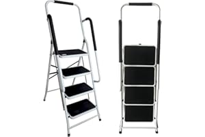 AUTOFU Escabeau 4 Marches Pliant avec Rampe de Sécurité Pliable avec Marche Antidérapante Mate Très Résistante Charge Maximale 150kg