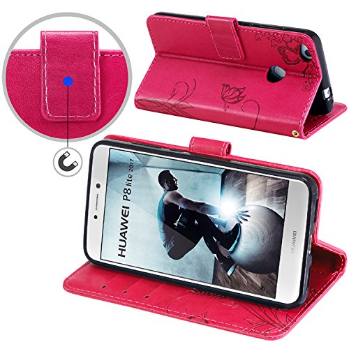 Cover Huawei P8 Lite 2017, kazineer Cover P8 Lite 2017 Flip Caso in pelle Modello Fiore Portafoglio Custodia per Huawei P8 Lite 2017 (Rosa Rossa)