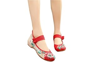 CHAOEN Women Chinese Style Vintage Embroidered Vintage Mary Jane Flats Walking Dancing Shoes Low Wedge Heel Ballet Dress Shoes