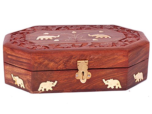 Store Indya, Konigliche handgeschnitzte Holz Schmuckschatulle mit dekorativen Mughal Inspired Elephant & Blatt Messingeinlage - 4