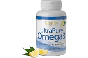 ‎VITALITY NUTRITIONALS Fischöl Omega 3 Kapseln Hochdosiert mit 2000 mg Fischöl davon 800 mg EPA und 600 mg DHA pro Tag + Vitamin E (120 Stk) Ultra Pure Omega 3 Vitality Nutritionals by Vitaminexpress