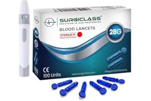 Surgiclass Blood Glucose lancets 28G for Diabetics Test Sterile Pack of 100 + Lancet Device BLD28G100+DE