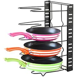 GEYUEYA Home Hauteur Réglable Cuisine Porte-casseroles Organiseur Rack de Rangement Pot Couvercle Couvercles Étagère (5 Compartiments,en Acier Inoxydable, Noir)