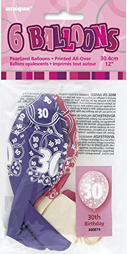 Imagen 3 de Unique Party Paquete de 6 Globos de látex de 30 cumpleaños, Color Rosa Brillante, 30 cm (80874)