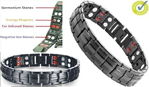 New Bio 4in1 Elements (Magnet/Germanium/White Ion &amp; FIR stones) Black Titanium-Double Row Magnetic Bracelet/Wristband with Fold-Over Clasp in Black Velvet Gift Box &amp; Free Link Removal Tool (Black Titanium, Black Velvet Gift Box)