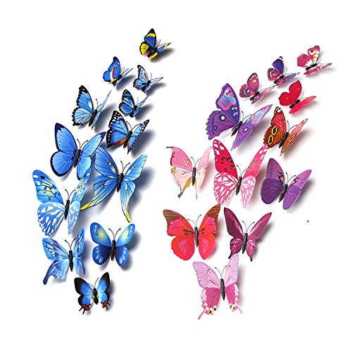 Tesan 24 Stück 3D Schmetterling Aufkleber Wandsticker Wandtattoo Wanddeko für Wohnung, Raumdekoration Klebepunkten+ Magnet,12st Blau +12st Lila