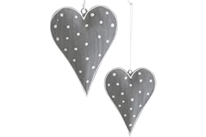 DEKO AS GMBH Spring Decoration Metal Heart Dark Grey Hearts Heart Pendant Metal Decorative Heart Decoration Vintage Shabby Chic Set of 2 White Polka Dots AD68377