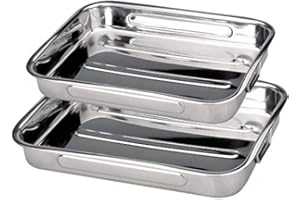 MGE WORLD MGE - Plat à Four Rectangulaire avec Poignées - Plat à Gratin - Plat à Rôtir - Acier Inoxydable - Lot de 2-30 et 35 cm