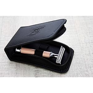 2 Piece Men's Shaving De Safety Razor in Pink. Perfect for Deep Clean Shave. Comes in a Leather Zipper Pouch/Bag to Keep… - Image 2
