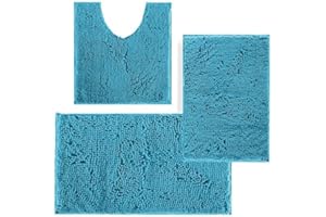 DTXDTECH Lot de 3 Tapis de Bain antidérapants en Chenille 50 x 80 cm, 40 x 61 cm et Tapis de Toilette en Forme de U 50 x 53 cm, Doux et Absorbant pour Salle de Bain, Chambre à Coucher (Bleu lac)