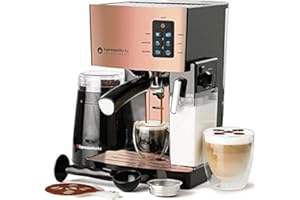 EspressoWorks 10Pc All-in-One Barista Bundle Espresso Machine & Cappuccino Maker, Built in Milk Steam & Frother, Electric Grinder, 2 Cappuccino & 2 Espresso Cups,16 Coffee Stencils (Rose Gold)