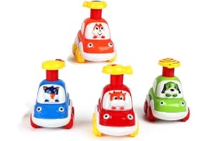 FIOUNI Press and Go Voiture Éducation précoce Push and Go Cars Jouets Pour Garçons et Filles 1 2 3 4 5 6 ans, Véhicules jouets à propulsion à friction Set de 4 mollets, chiots, petits écureuils et chat minou