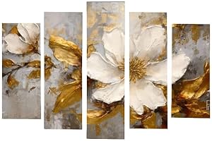 AREDE Set di 5 Stampe da Parete Quadri Moderni Decorazioni da Muro per Casa Soggiorno Camera da Letto e Cucina Bellissimo fiore bianco e oro| 120 x 80 cm | Pronto da appendere