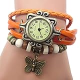TianWlio Armbanduhren Damen Mode Retro Weave Wrap Dame Bead Butterfly Dangle Armband Armband Quarz Armbanduhr
