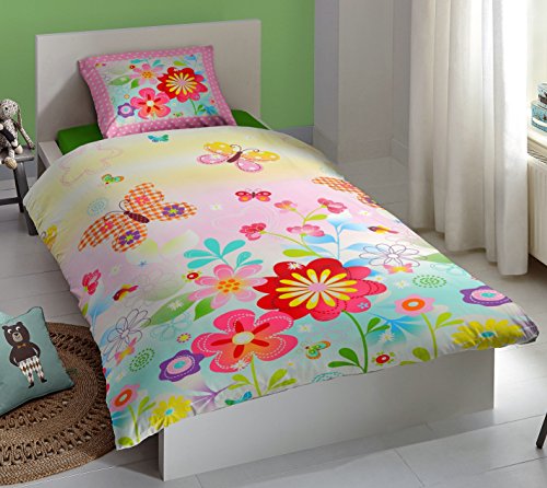 Aminata Kids – Bettwäsche 135×200 cm Kinder Mädchen Blumen Schmetterlinge Baumwolle + Reißverschluss Pink Blau Gelb Grün Blümchen Butterfly Kinderbettwäsche 2-teiliges Bettwäscheset Bettbezug Ganzjahr - 5