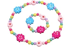 Damaiyyy Holz Kinder Schmuck Set,Blume Freundschaftsarmband Blume Perlen Halskette und Armband Geschenk für Mädchen Geburtstag Party Dress Up Kostüm Zubehör