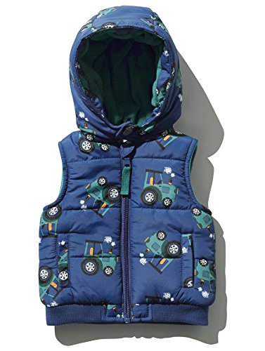 M&Co Baby Boy Sleeveless Hooded Padded Tractor Print Fleece Lined Body Warmer Gilet Blue 6/9 Mnths