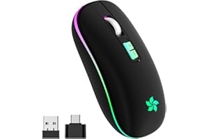 HOTLIFE Recargable Ratón Inalámbrico, 2.4G Bluetooth Mouse Inalámbrico con Receptor USB, 3 dpi Ajustable Ratón Retroiluminado de 7 Colores para Computadora PortáTil, PC, Mac, Macbook(Negro)