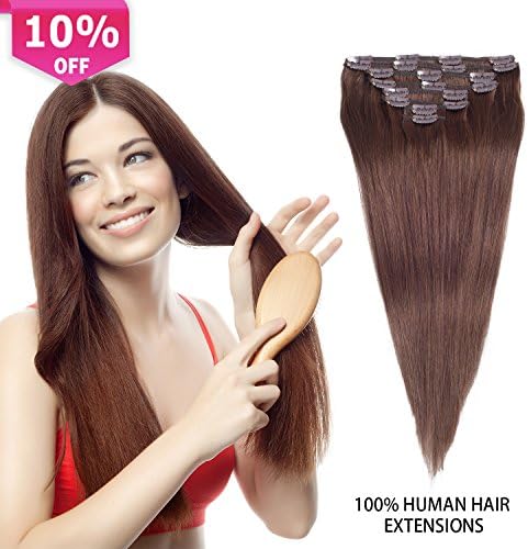Clip In Real Hair Extensions Brown Thick Clip In Remy Hair Extensions Full Head 8 Pcs Clip On Human Hair Extensions Double Weft (16''-100g, #4(Medium Brown))