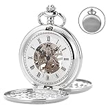 Mechanische Double Hunter Handaufzug Silber römische Ziffern Taschenuhr Antik SIBOSUN mit Kette + Geschenk cadeau