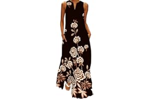 WINKEEY Femme Robe Longue Imprimé Floral Maxi Robe Bohème avec Poches sans Manches Grande Taille