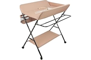 BUTUN Table a Langer Pliable et Portable avec Panier Rangement, Table à Langer avec 4 roues et Ceinture de Sécurité, Réglable en Hauteur, 80 x 66 x 98 cm (Abricot)