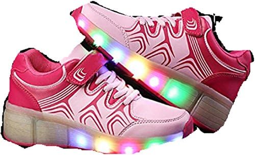 New Girls Wheelies With Retractable Skate Wheel LED Luminous Light UP Sole Disco Sport Trainers Shoes Sneaker Pink/White (28 EUR 10.5 UK Children Size UK, Pink/White)