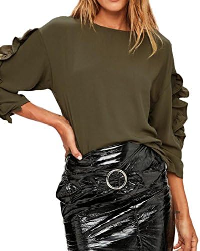 MU2M Women's Classic Slim Fit Round Neck Ruffle Long Sleeve Solid T-shirt Army Green US S