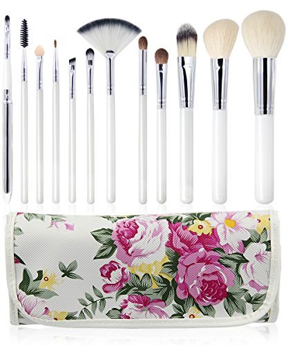 EmaxDesign 12 Pieces Professional Makeup Brush Set Goat Hair Wood Handle Foundation Blending Blush Eye Face Liquid Powder Cream Cosmetics Brushes Kits With Rose Pattern Case