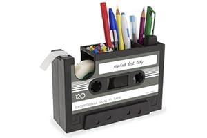 HIBUCUO Schreibtisch Klebebandabroller mit Stifthalter, das Retro Kassetten Tape Design Kleberollenhalter mit 1 Rolle, Zahlreiche Anwendungen, Großartig als ausgefallenes Weggehen Geschenk für Kollegen Büro