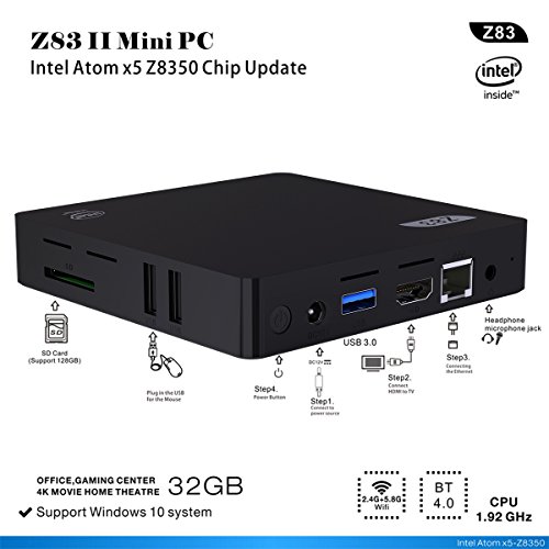 Z83II Mini PC Windows Desktop PC Win10/4K mit Intel Atom CPU 1,92 GHz, 2M Cache, DDR3 2GB / 32GB, 1000Mbps LAN,USB 3.0, 2*USB 2.0, HDMI, SD, 2.4G/5.8G WiFi, Bluetooth 4.0