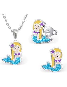 GH1a Glitzer Meerjungfrau SET ANHÄNGER + KETTE + OHRSTECKER 925 Silber