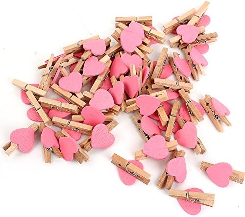 Hamhsin 50pcs Mini Wooden Heart photo pegs - cloth pegs/Paper Pegs/note Clips Holder for Home/Wedding Decor Craft (Pink)