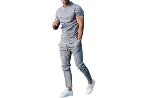 Onsoyours Ensemble de Survêtement Homme Été 2 Pièces T-shirt Manches Courtes/Manches Longue Pantalon Élastique Décontracté Sportswear Tenue de Sport Respirant Plage