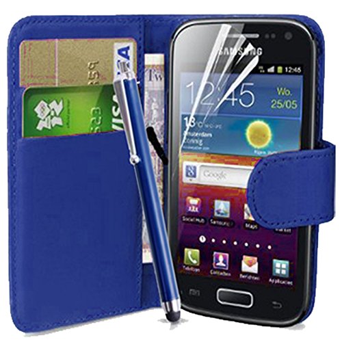 fi9 Flip PU Leder Wallet Case Cover mit Displayschutzfolie und Eingabestift für Samsung Galaxy Ace 3 GT-S7270 S7272 blau