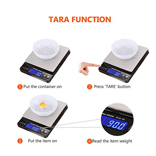Homdox Digitale Küchenwaage, Briefwaage, Feinwaage, Hohe Präzision auf bis zu 0,1g (3kg Maximalgewicht), Tara-Funktion, LCD Display, Mini Electronische Multifunktionale Waage Edelstahl Silber - 3