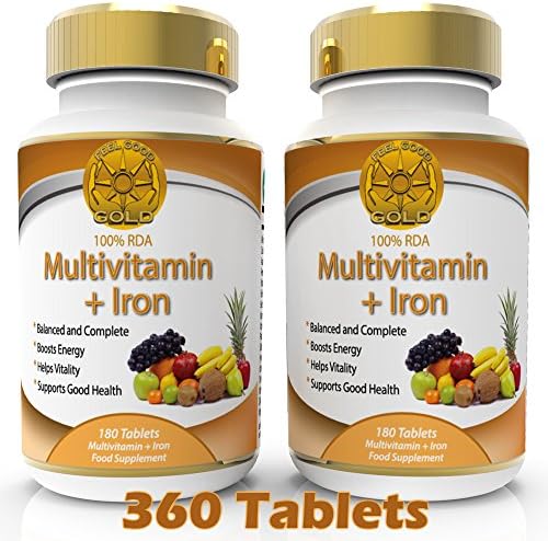Multivitamin + Iron Daily Vitamins 360 Tablets - A B1 B2 B6 C D and E - 100% RDA - boosts energy and vitality for Men and Women - made in the UK for Feel Good Gold. (360 Tablets)