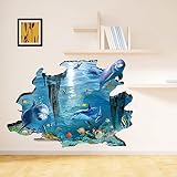 Rainbow Fox 3D Meer Wandtattoo Hai und Fische schwimmen im blauen Ozean Abnehmbarer 3D-Wandaufkleber Kunst für Kinderschmuck - 4