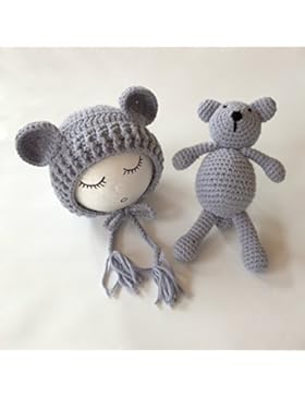 Neugeborene Baby Fotografie Requisiten Boy Girl Crochet Kostüm Outfits Hat Bär Set … (Blue)