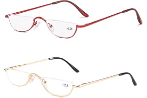 KoKoBin 2 Paires Lunettes de Vue Lecture Demi Lune ，Lunette Pour Lire Mince Demi-Monture en métal, Printemps Charnières Lunette Femme et Homme(rouge, or)+3.0