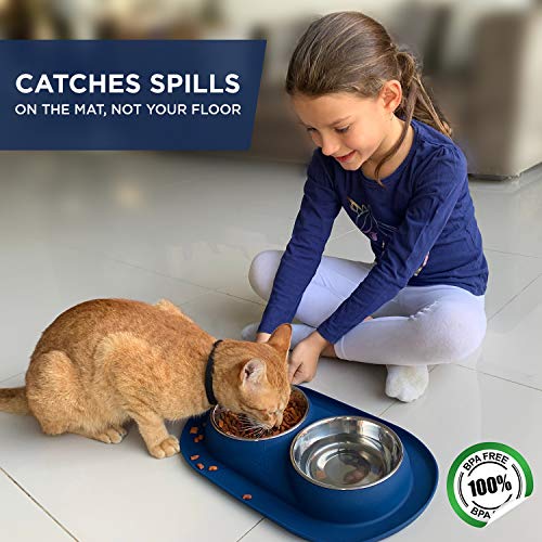 Bonza Gamelle Double pour Chat et Petit Chien de Ecuelle Eau et Nourriture avec 2 Bols en INOX et Base Silicone Antidérapante et Anti-Débordement | Accessoire Souple et Stable | pour Lave-Vaisselle
