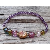Zartes Armband mit böhmischen Glasperlen - Blume - lila, grün, braun, petrol, rosa / Glasperlenarmband