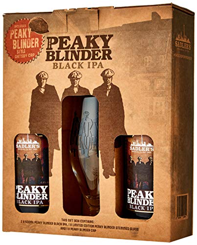 Peaky Blinder Gift Pack contains 2 x 500 ml Black IPA, Challis Glass and Peaky Blinder Gatsby Style Cap