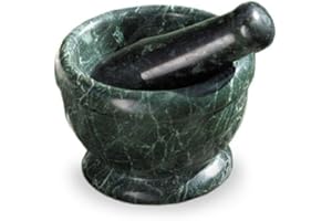 TEMPELWELT Küchenmörser Mörser Ø 12 x 9 cm aus Serpentin grün Naturstein mit Marmor Optik, Reibschale Zerkleinerer dickwandig massiv mit Stößel, Räuchergefäß Räucherschale
